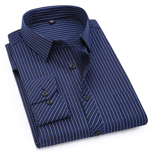 Men Plus Large Size Slim Fit Business Casual Long Sleeved Classic Striped Social Dress Shirts - PratSN