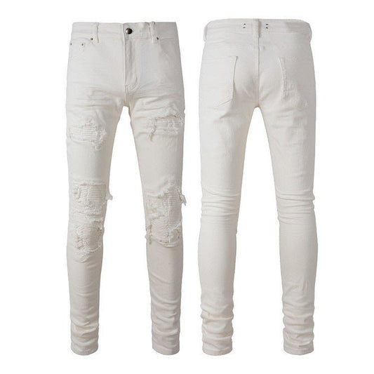 Men White Hole Patch Stretch Slim Jeans - PratSN