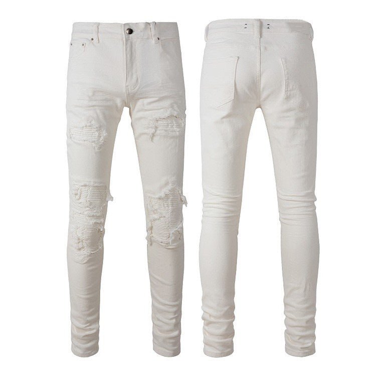 Men White Hole Patch Stretch Slim Jeans - PratSN