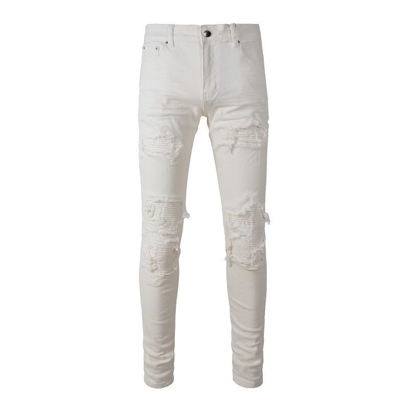 Men White Hole Patch Stretch Slim Jeans - PratSN