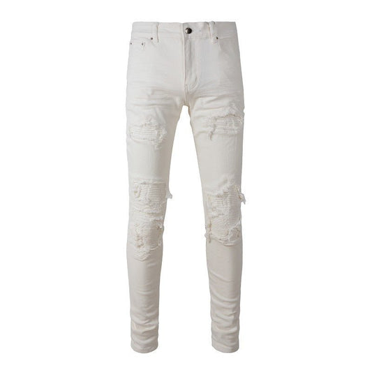 Men White Hole Patch Stretch Slim Jeans - PratSN