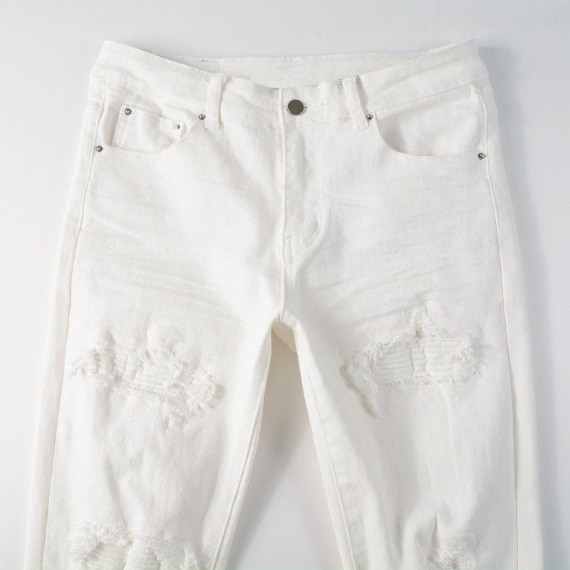 Men White Hole Patch Stretch Slim Jeans - PratSN