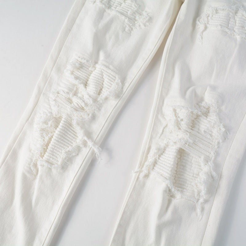 Men White Hole Patch Stretch Slim Jeans - PratSN
