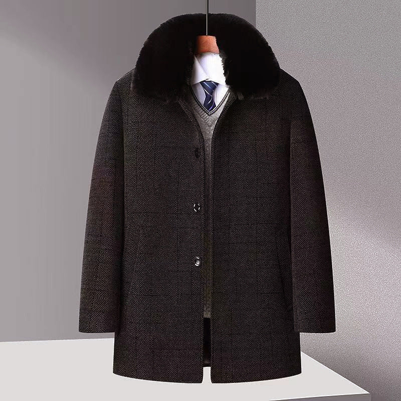 Men's Autumn And Winter Trench Coat Chenille Fleece - lined Fur Collar Woolen Coat - PratSN