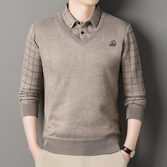 Men's Autumn Winter Fleece Pullover Polo Collar Sweater Knitwear Stripe Sweaters Thick Warm - PratSN