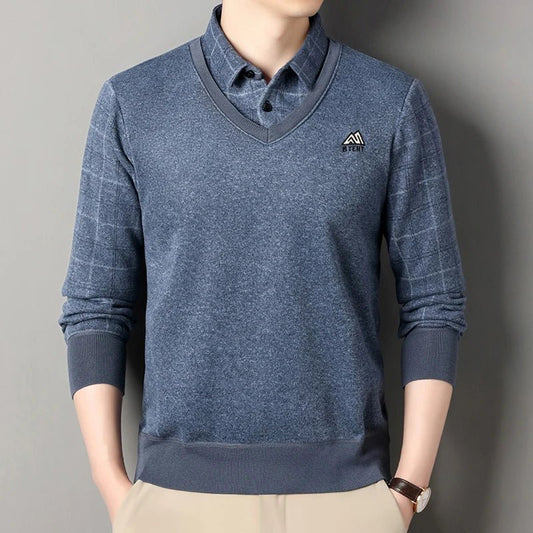 Men's Autumn Winter Fleece Pullover Polo Collar Sweater Knitwear Stripe Sweaters Thick Warm - PratSN