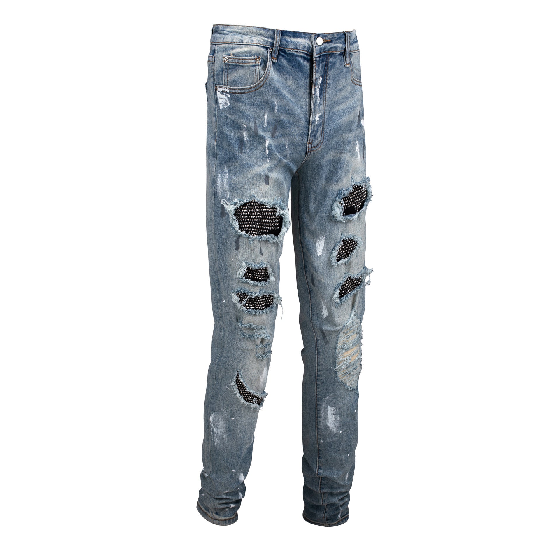 Men's Black Patch Paint Design Jeans - PratSN