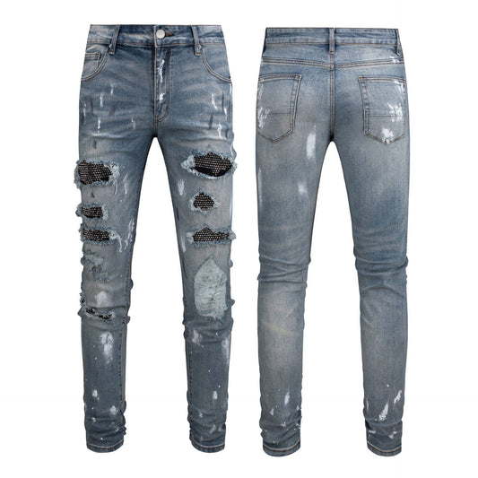 Men's Black Patch Paint Design Jeans - PratSN