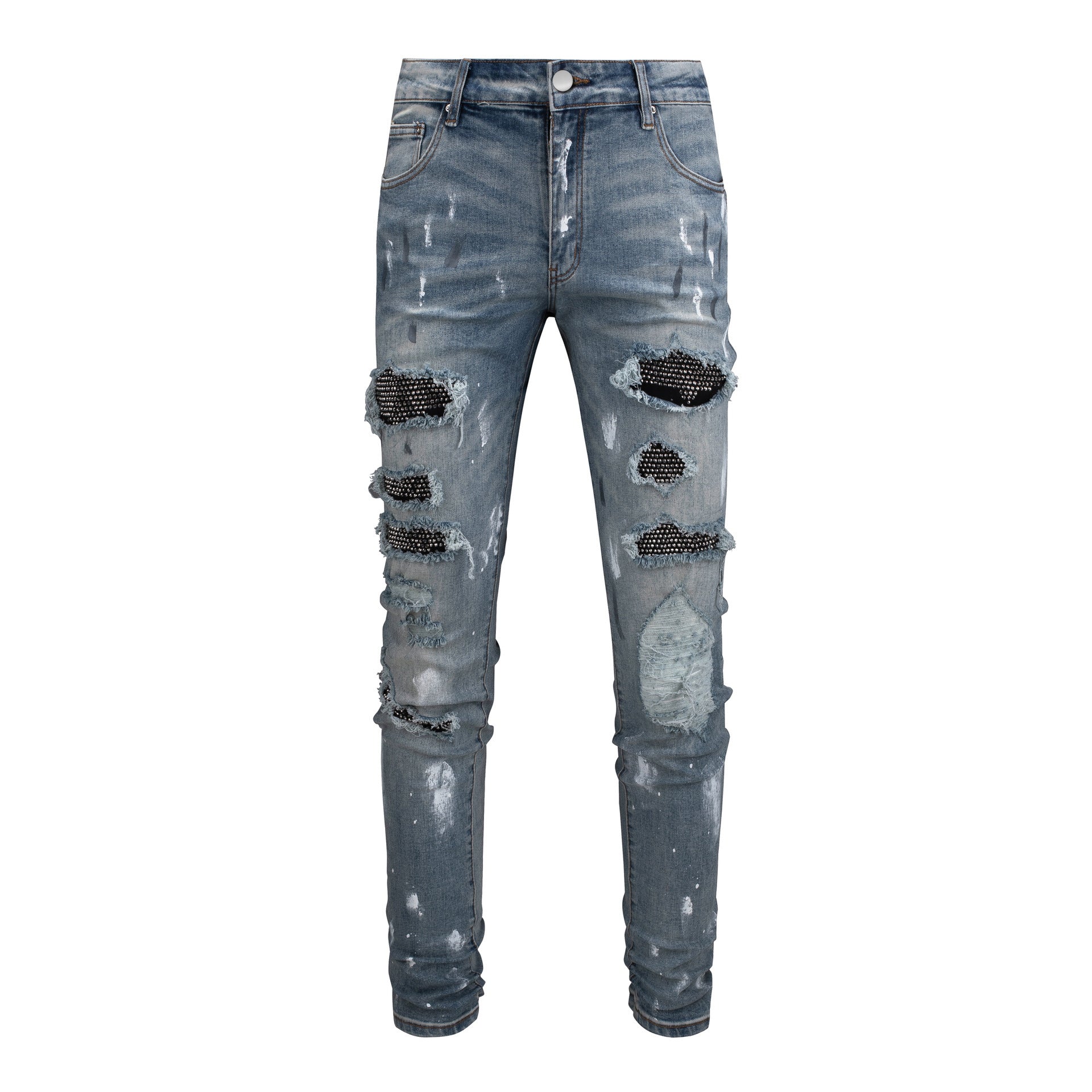 Men's Black Patch Paint Design Jeans - PratSN