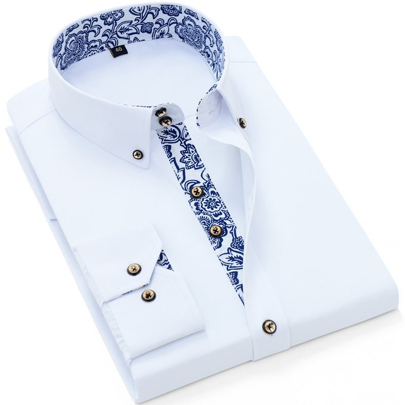 Men's Blue And White Business Casual Long Sleeve Shirt - PratSN