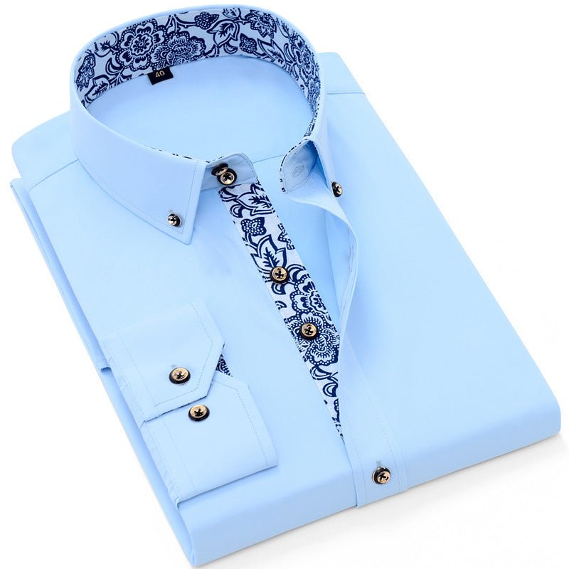 Men's Blue And White Business Casual Long Sleeve Shirt - PratSN