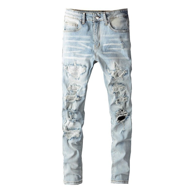 Men's Blue With Holes Skinny American Jeans - PratSN