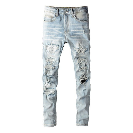 Men's Blue With Holes Skinny American Jeans - PratSN