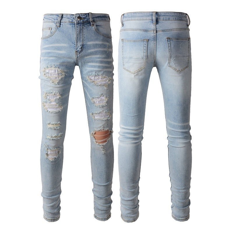 Men's Blue With Holes Skinny American Jeans - PratSN