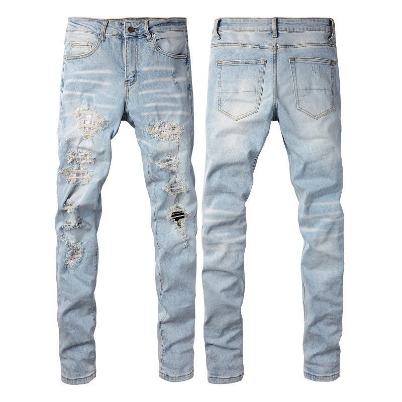 Men's Blue With Holes Skinny American Jeans - PratSN