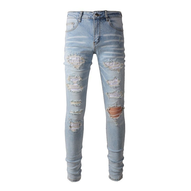 Men's Blue With Holes Skinny American Jeans - PratSN