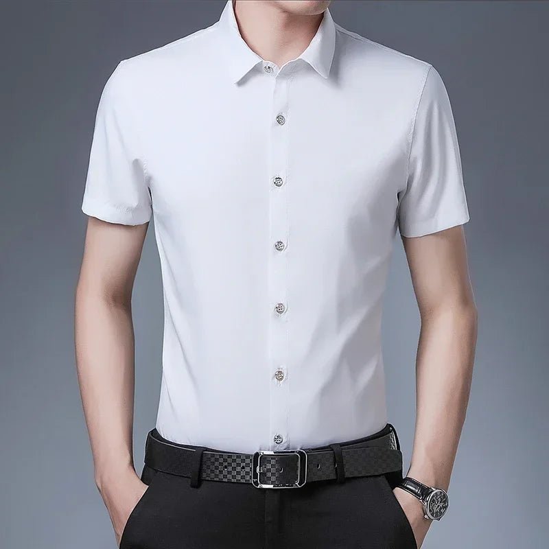 Men's Business Casual Solid Color Short Sleeved Shirt Non Ironing Comfortable Top - PratSN
