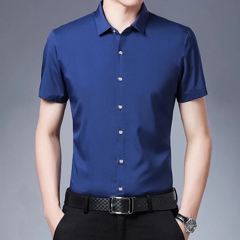 Men's Business Casual Solid Color Short Sleeved Shirt Non Ironing Comfortable Top - PratSN