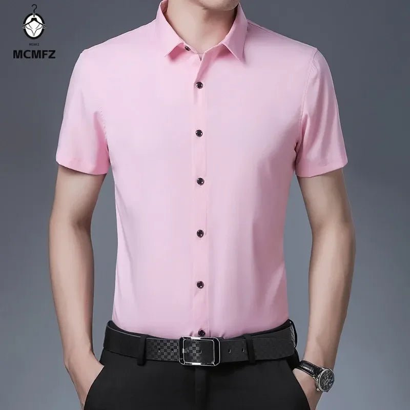 Men's Business Casual Solid Color Short Sleeved Shirt Non Ironing Comfortable Top - PratSN