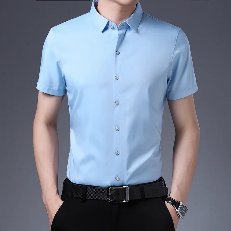 Men's Business Casual Solid Color Short Sleeved Shirt Non Ironing Comfortable Top - PratSN