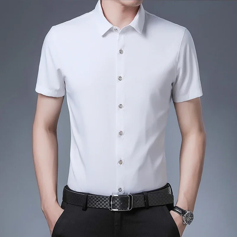 Men's Business Casual Solid Color Short Sleeved Shirt Non Ironing Comfortable Top - PratSN