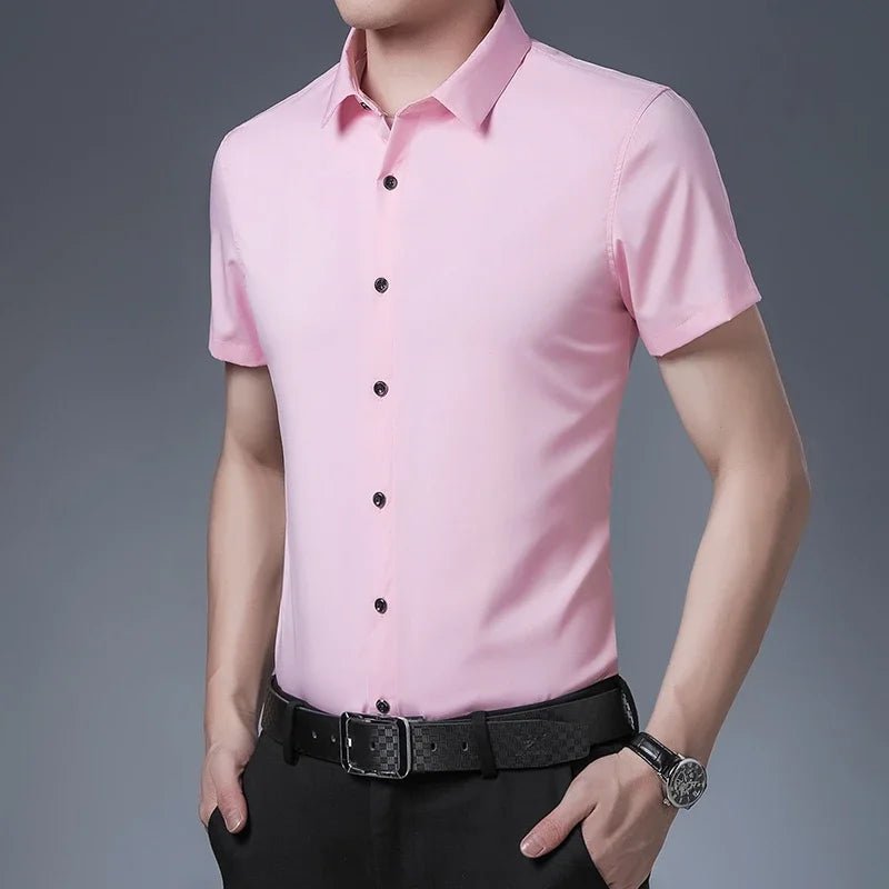Men's Business Casual Solid Color Short Sleeved Shirt Non Ironing Comfortable Top - PratSN