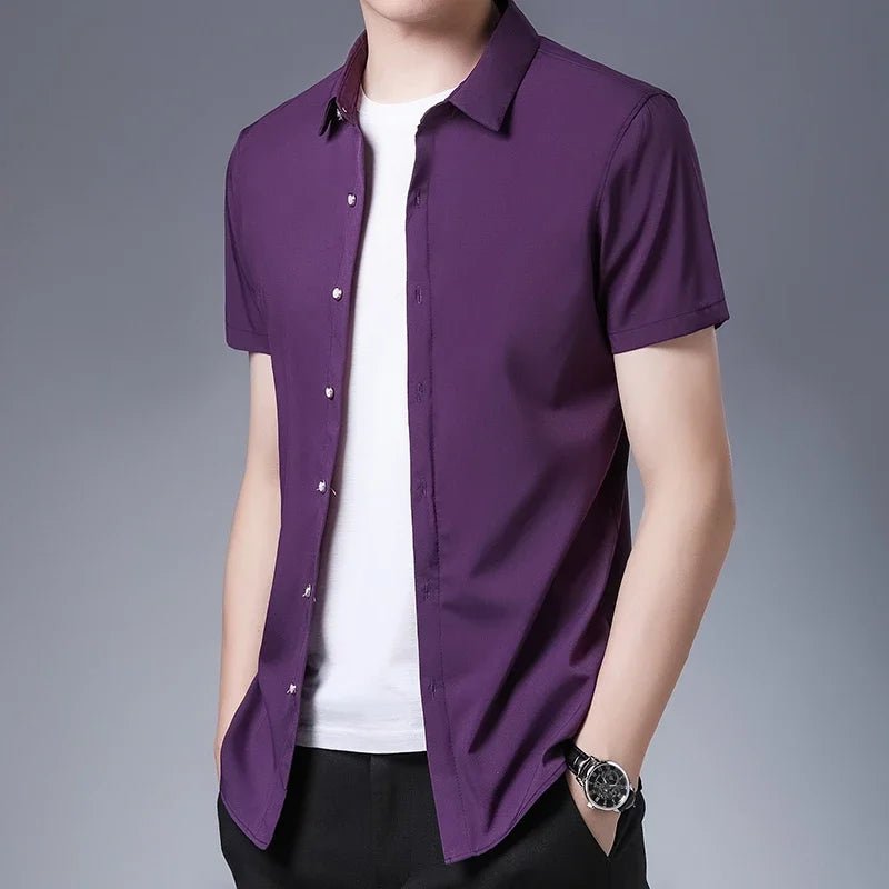 Men's Business Casual Solid Color Short Sleeved Shirt Non Ironing Comfortable Top - PratSN