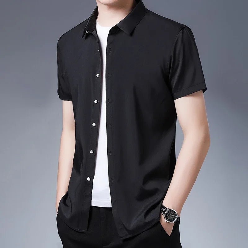 Men's Business Casual Solid Color Short Sleeved Shirt Non Ironing Comfortable Top - PratSN