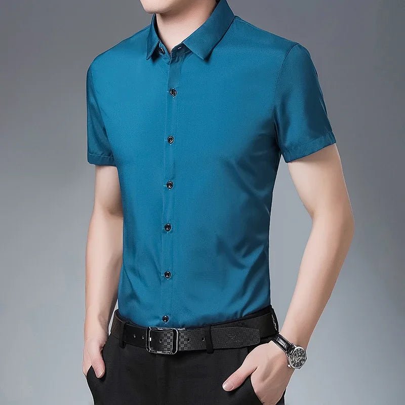 Men's Business Casual Solid Color Short Sleeved Shirt Non Ironing Comfortable Top - PratSN
