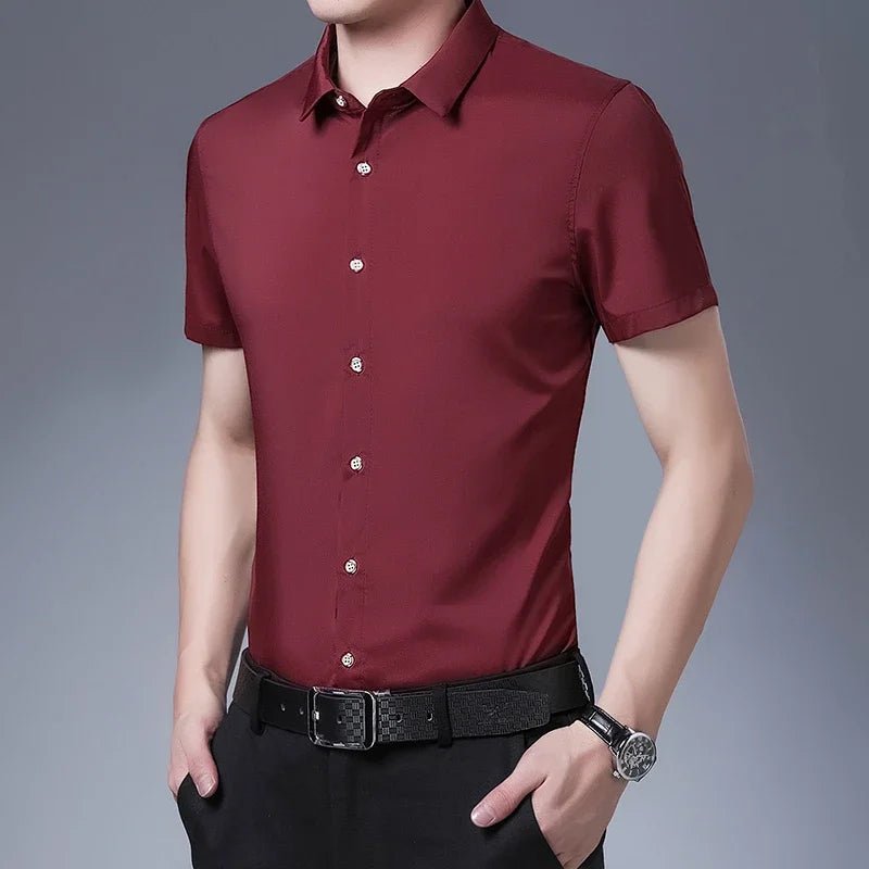 Men's Business Casual Solid Color Short Sleeved Shirt Non Ironing Comfortable Top - PratSN