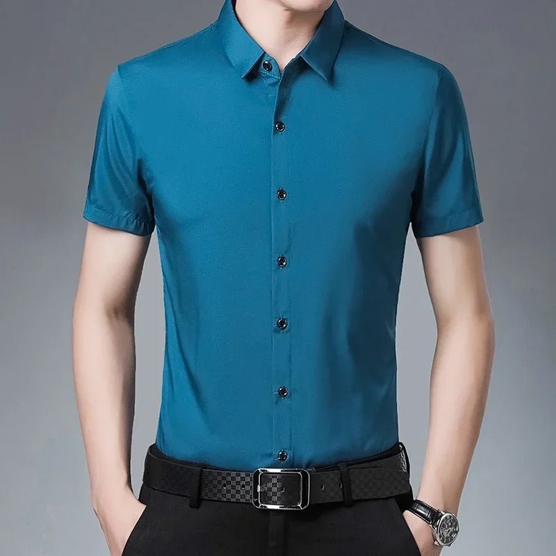 Men's Business Casual Solid Color Short Sleeved Shirt Non Ironing Comfortable Top - PratSN
