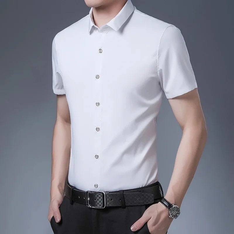 Men's Business Casual Solid Color Short Sleeved Shirt Non Ironing Comfortable Top - PratSN