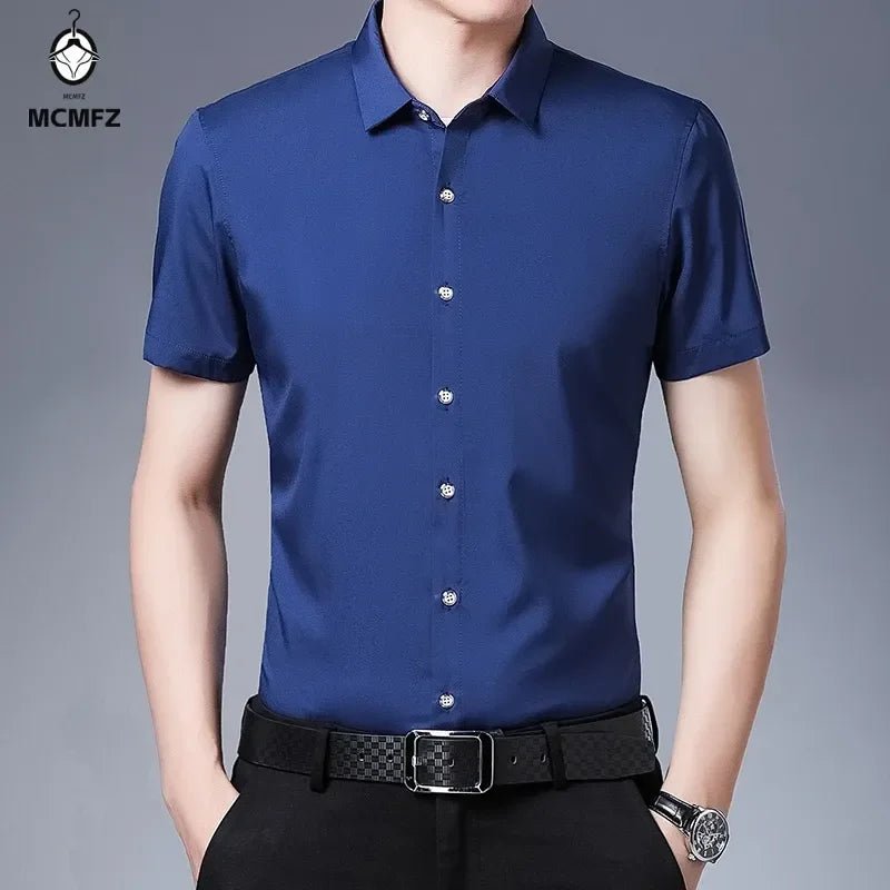 Men's Business Casual Solid Color Short Sleeved Shirt Non Ironing Comfortable Top - PratSN