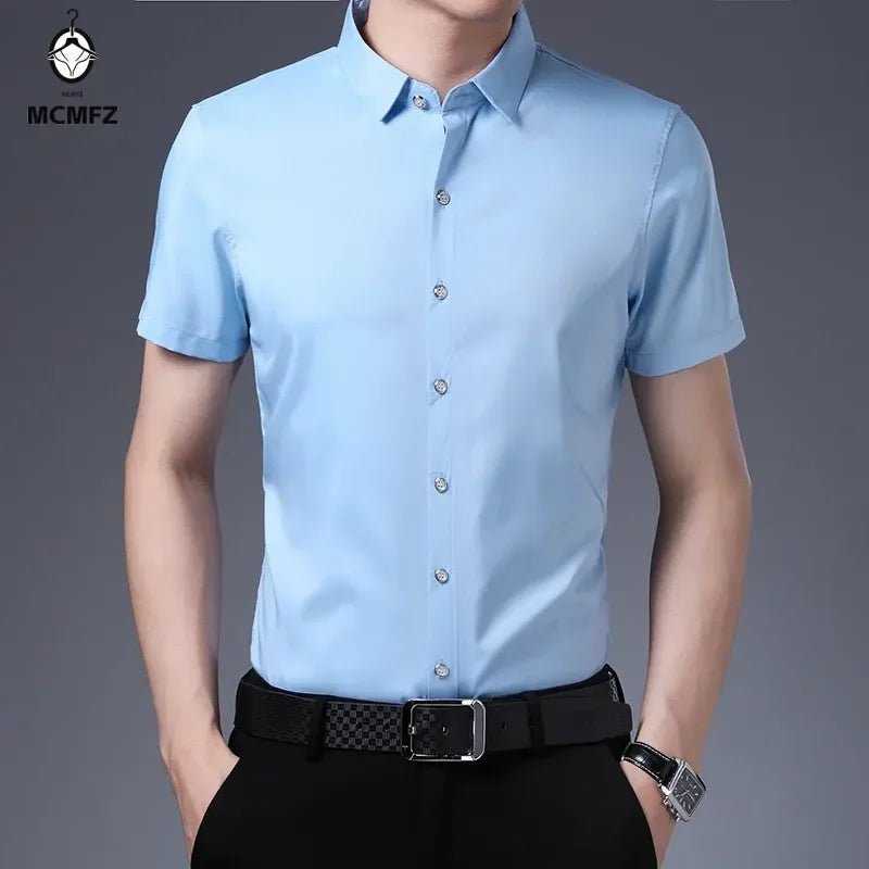 Men's Business Casual Solid Color Short Sleeved Shirt Non Ironing Comfortable Top - PratSN