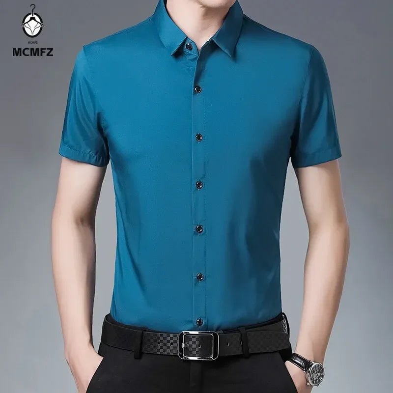 Men's Business Casual Solid Color Short Sleeved Shirt Non Ironing Comfortable Top - PratSN