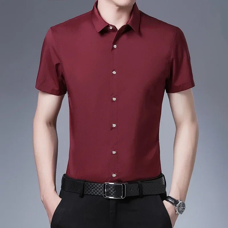 Men's Business Casual Solid Color Short Sleeved Shirt Non Ironing Comfortable Top - PratSN