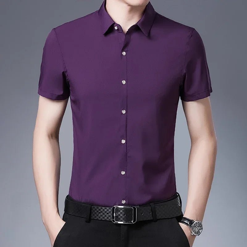 Men's Business Casual Solid Color Short Sleeved Shirt Non Ironing Comfortable Top - PratSN