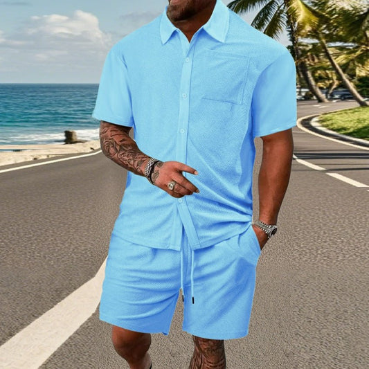 Men's Casual Button Solid Color Towel Figured Cloth Short Sleeve Suit - PratSN