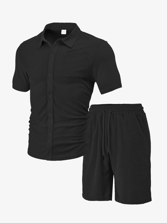Men's Casual Button Solid Color Towel Figured Cloth Short Sleeve Suit - PratSN