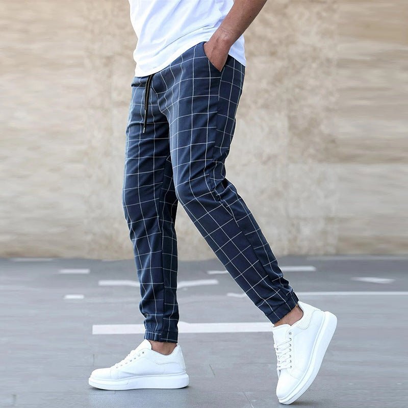 Men's Clothing Fashion Plaid Print Pants Casual Drawstring Trousers - PratSN