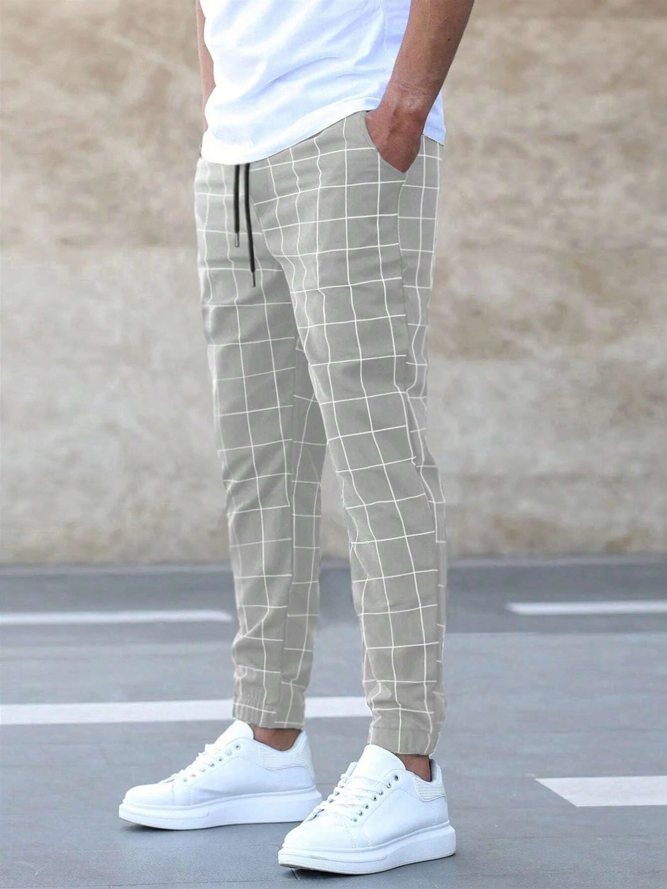 Men's Clothing Fashion Plaid Print Pants Casual Drawstring Trousers - PratSN