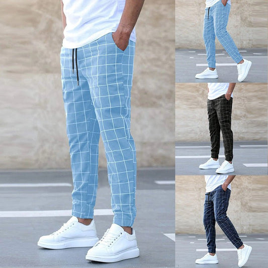 Men's Clothing Fashion Plaid Print Pants Casual Drawstring Trousers - PratSN