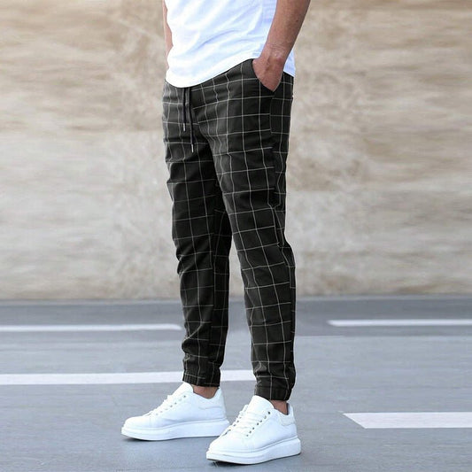 Men's Clothing Fashion Plaid Print Pants Casual Drawstring Trousers - PratSN