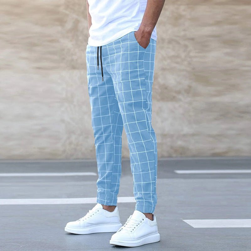 Men's Clothing Fashion Plaid Print Pants Casual Drawstring Trousers - PratSN
