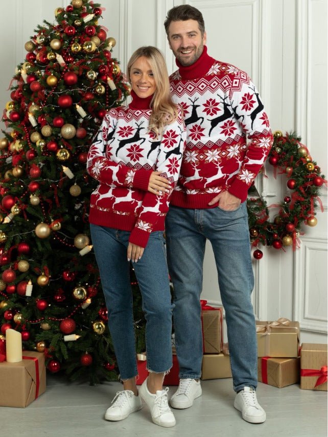 Men's Clothing Women's Couple Wear Christmas Elk Jacquard Long Sleeve Turtleneck Sweater - PratSN