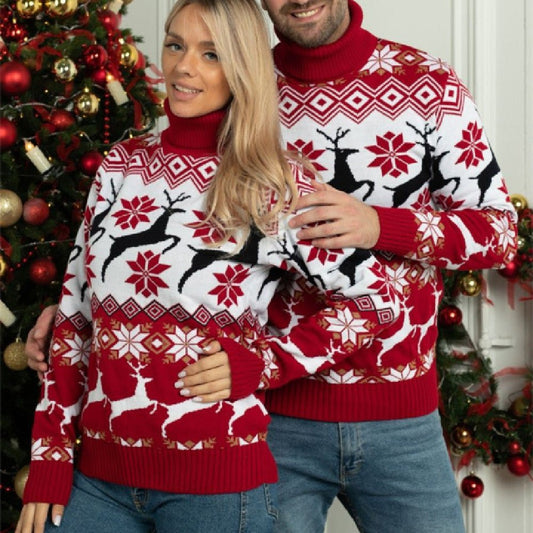 Men's Clothing Women's Couple Wear Christmas Elk Jacquard Long Sleeve Turtleneck Sweater - PratSN