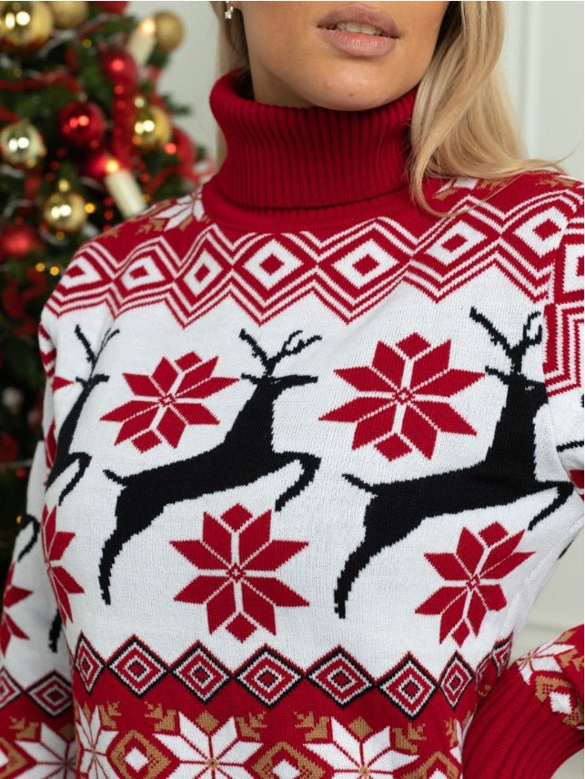 Men's Clothing Women's Couple Wear Christmas Elk Jacquard Long Sleeve Turtleneck Sweater - PratSN
