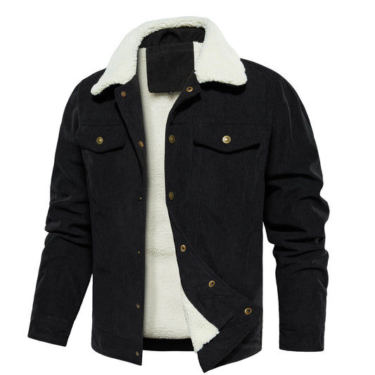 Men's Corduroy Jacket Winter Sherpa Lined Warm Thick Trucker Cargo Coat With 5 Pockets - PratSN