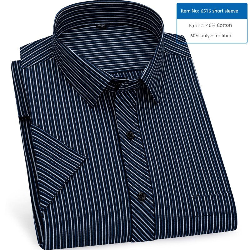 Men's Dark Blue Stripes Shirt Men's Short - Sleeved Business Casual Business Attire Half - Sleeved Shirt - PratSN