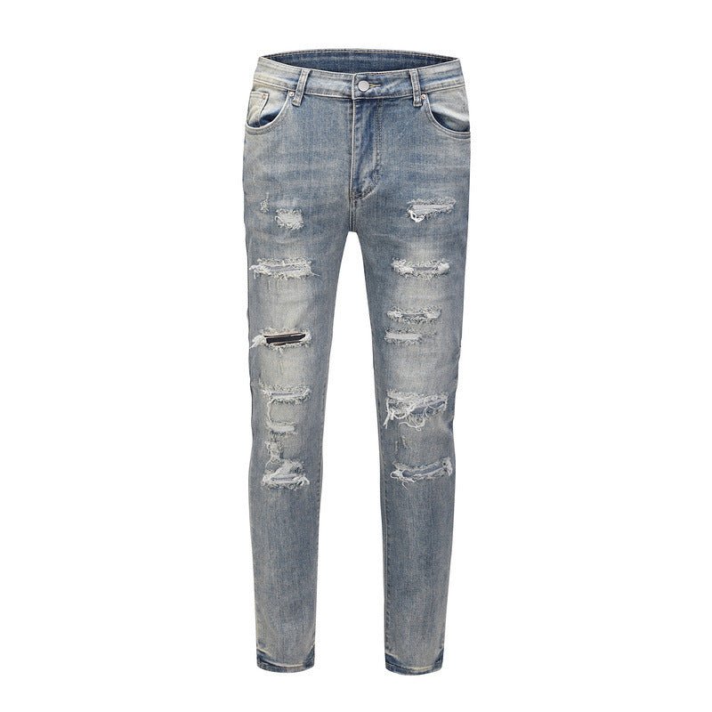 Men's Distressed Washed Water Ripped Blue Jeans - PratSN